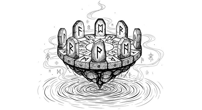 Mystical floating island with ancient rune stones and swirling vapor illustration