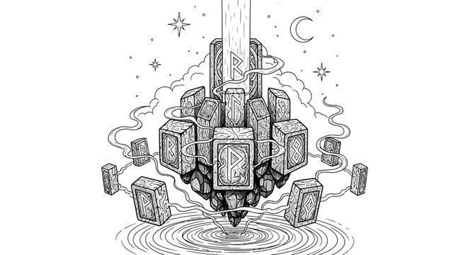Mystical illustration of floating stone structure with runes and ethereal elements