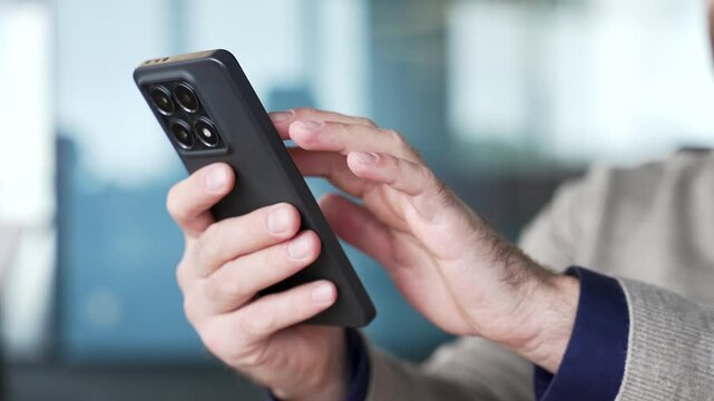 Close up of businessman hands using smartphone with blurred office background. Professional browsing mobile phone screen, typing message and checking online information on digital device at workplace.