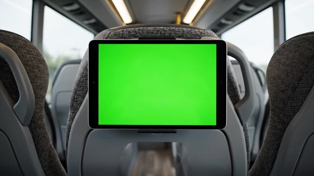 Dynamic view inside a comfortable public transport coach, highlighting a versatile green screen digital display attached to a seat for interactive passenger experiences and customizable content