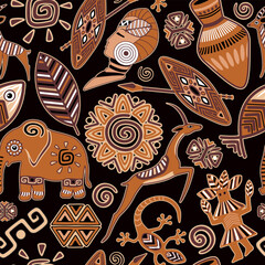 Ethnic and Tribal Vector Icons and Symbolic African Decorative Design Elements. Elephant, gazelle, gecko lizard, jar, sun, and other abstract emblems are all assemble to compose a Repeat Seamless Vect
