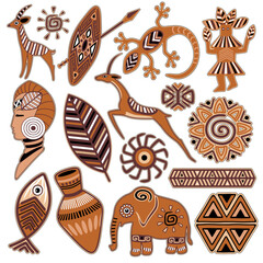 Set of 16 Ethnic and Tribal Vector Icons and Symbolic African Decorative Design Elements. Elephant, gazelle, gecko lizard, jar, sun, and other abstract vector EPS editable emblems