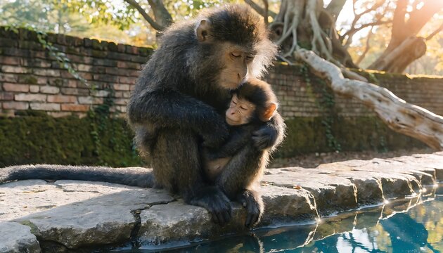 Monkey and baby monkey sitting by pool high resolution photo