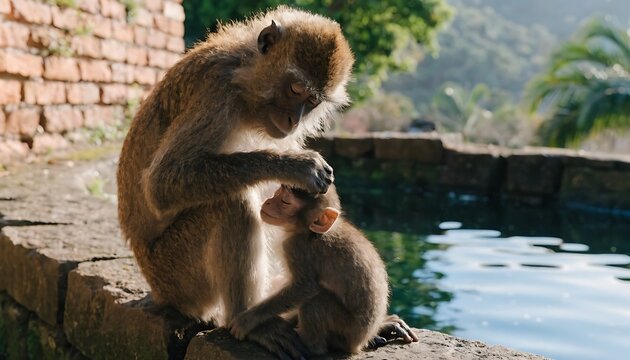 Monkey and baby monkey sitting by water high resolution photo