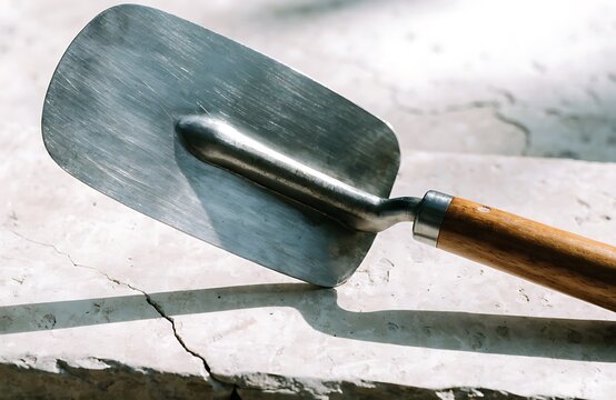 Trowel with wooden handle on cracked concrete surface high resolution photo