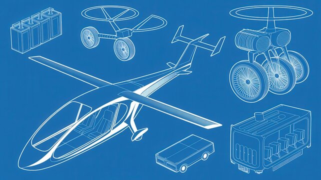 Blueprint style technical drawings of various types of drones and batteries used for drone technology