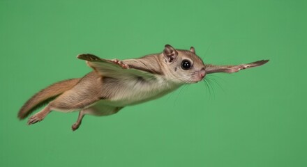 Fototapeta premium Unique Flying Squirrel in Mid-Air with Green Background for Wildlife Photography