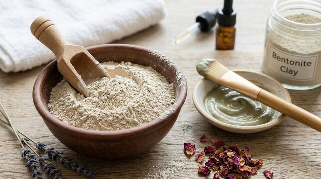 Face mask powder and bentonite clay for skincare routine on wooden table