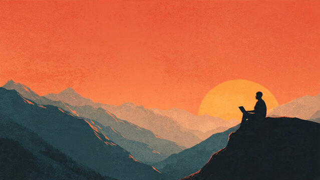 ilustracao de homem no topo da montanha trabalhando em computador portatil conceito trabalho remoto liberdade