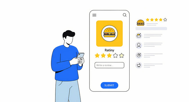 A man in a blue shirt reviews a restaurant on his smartphone with a 4-star rating. Flat Illustration