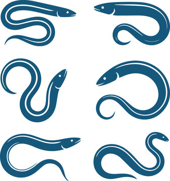 Black Eel and Moray Vector Illustration Set - Minimalist Aquatic Snake Icons