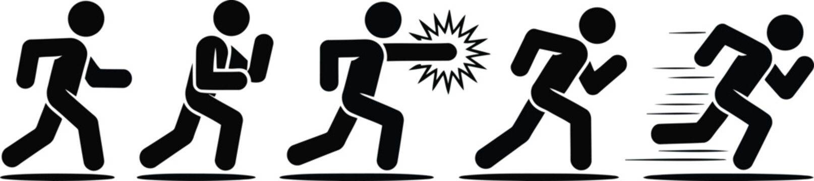 Sequence of dynamic stick figure actions demonstrating walking, boxing, punching, and running speed