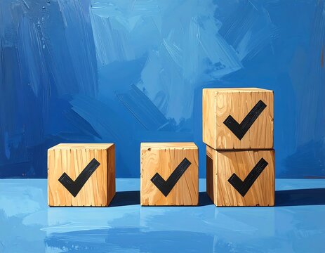 Three wood blocks with black checkmarks, arranged in an ascending pattern on a blue background