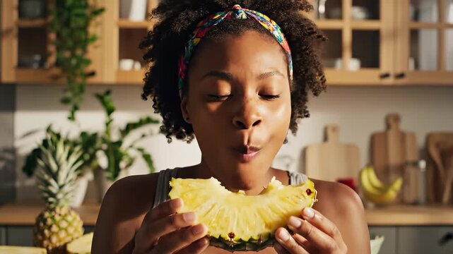 Woman enjoys fresh pineapple slices in modern kitchen. Her joyful expression highlights tropical flavors and healthy living. Vibrant atmosphere encourages healthy eating and culinary creativity.