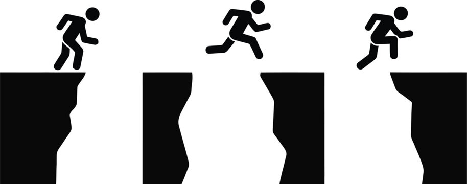 Sequential black stick figures demonstrating the act of jumping from one high platform to another