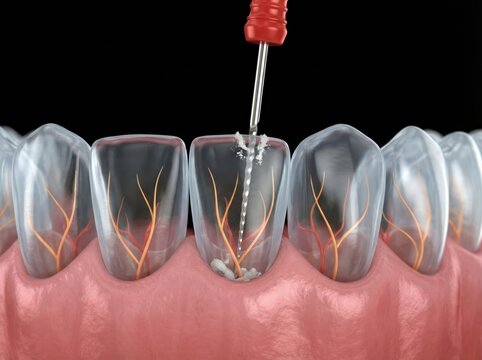Macro 3D medical illustration of a root canal treatment, endodontic file cleaning the nerve inside a translucent tooth, isolated on black