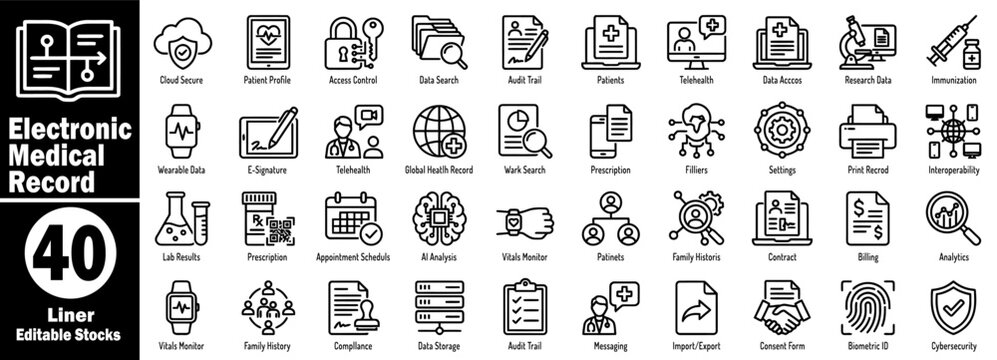 Electronic medical record icon set. Collection of cloud secure, patient profile, access control, data search, audit trail, patients, telehealth, data access, research data vector illustration.