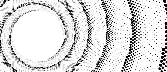 Abstract wide spiral halftone pattern with hexagonal shapes. Minimalist vector illustration of a swirling digital honeycomb vortex or geometric flow isolated on white background.
