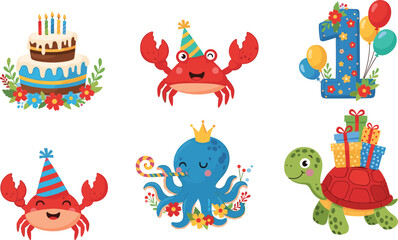 Naklejka premium Colorful cartoon birthday celebration with cake, sea creatures, balloons, presents, and playful decorations for children’s party design.