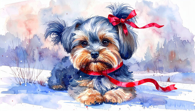 Morkie with red ribbon in ponytail enjoys winter scene by snow-covered ground