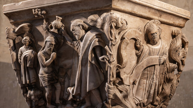 Detalle pila bautismal en alabastro siglo XIV en la catedral g&oacute;tica de Avila, Espa&ntilde;a