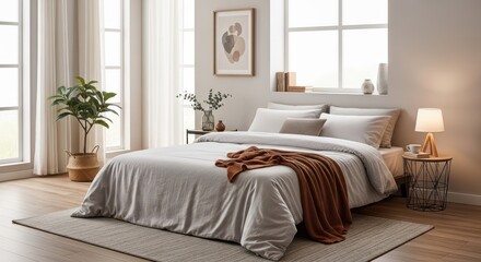Fototapeta premium Cozy bedroom with a neatly made bed and warm decor elements