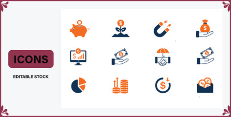 Fototapeta premium Collection of business finance and investment icons on white background various colorful symbols for money management