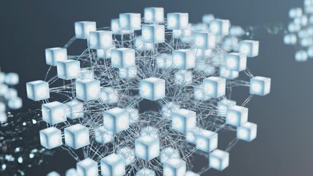 Network of interconnected digital cubes floating in space.