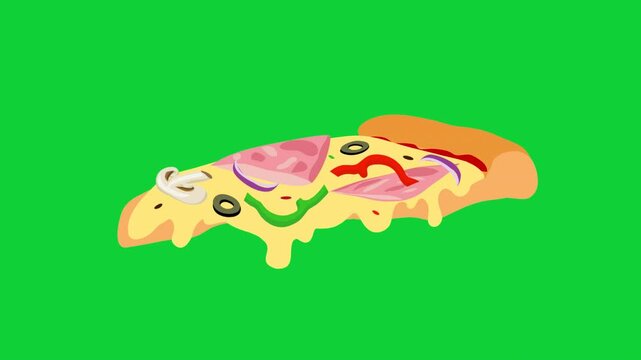 pizza slice with ham mushrooms olives melted cheese  green screen  2d  animation  video footage
