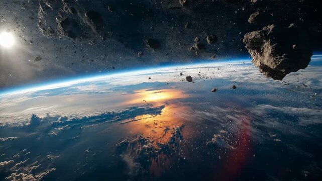 A swarm of asteroids and space debris orbits Earth against a bright sunset and thick clouds