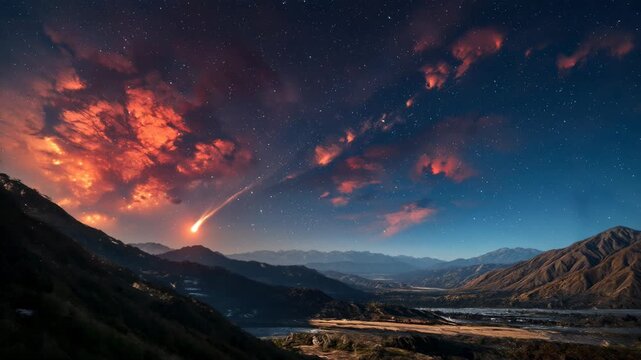 A bright meteorite falls against the backdrop of majestic mountains, flying through the starry night sky and orange-lit clouds toward a wide valley