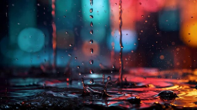 Raindrops and streams of water fall onto a wet surface, creating multiple small splashes and ripples against a backdrop of blurred city lights in teal and orange hues