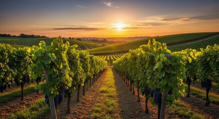 Naklejka premium Sunset Over Lush Vineyard Rows Creating a Serene Landscape Scene