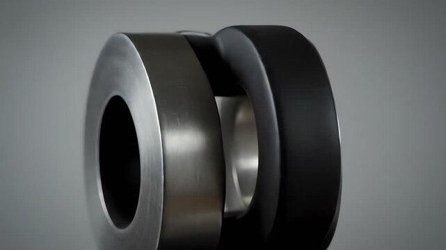 Two abstract, ring-shaped forms, one silver and one black, overlap against a gray background.  They showcase curves and textures
