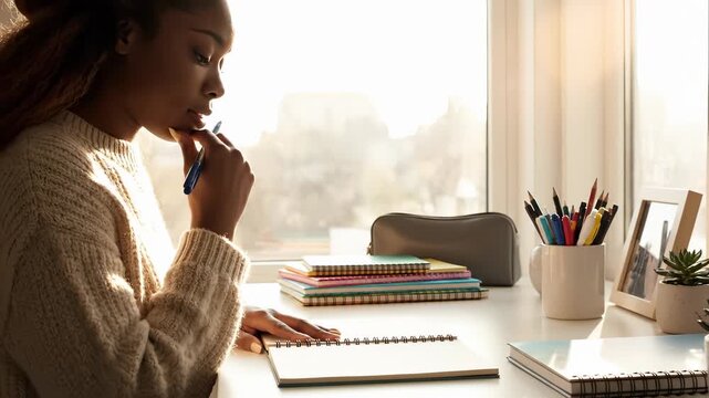 Young woman writing in notebook at cozy table with natural light. Thoughtful moment captured showing creativity and focus. Perfect for lifestyle and education projects.