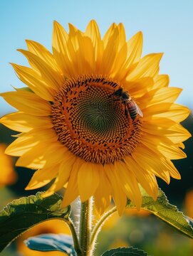 A large yellow sunflower with a bee collecting nectar. The flower's petals surround a dark center. Green leaves and a stem are visible. AI.