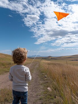 A young child flies an orange kite in a field. The kite is in the sky, and the child is facing away. The view is from behind the child. AI.