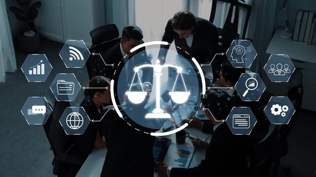 A modern law office scene showcasing collaboration among professionals enhanced by digital technology. The justice scale icon symbolizes fairness and law in a digital context. Raster