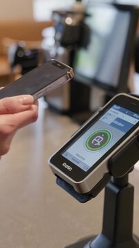 Paiement sans contact avec smartphone sur terminal de carte bancaire dans un caf&eacute; ou commerce, gros plan sur une main effectuant une transaction mobile en int&eacute;rieur