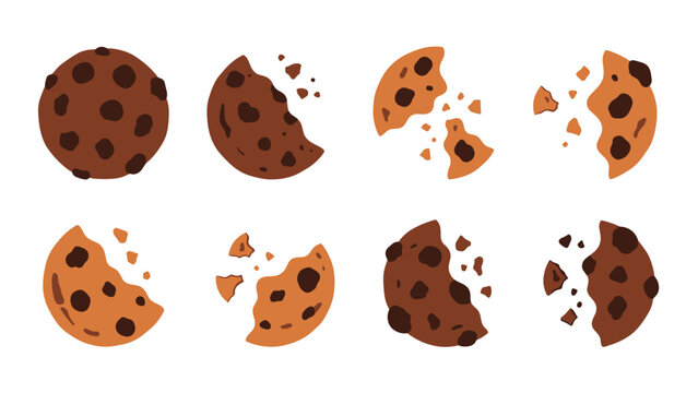 Various chocolate chip cookies and broken cookie pieces with crumbs are displayed in different shades of brown on a white background.
