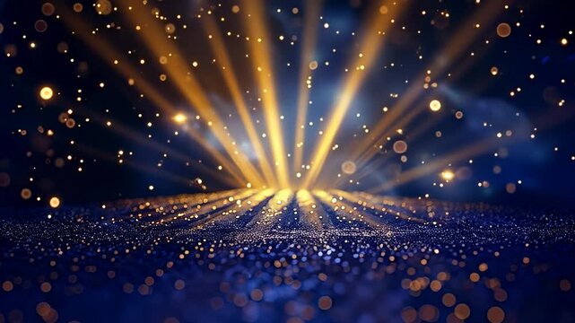 Dynamic rays explode from a central point, illuminating floating particles, abstract light show, radiant burst effect, cinematic glow, magical particle animation.