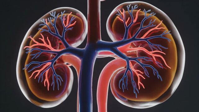 Detailed anatomical illustration of human kidney system showcasing intricate blood vessel network and renal structures for medical and scientific study