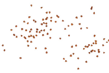 Buckwheat grains scattered on white background, top view natural food texture with copy space for...
