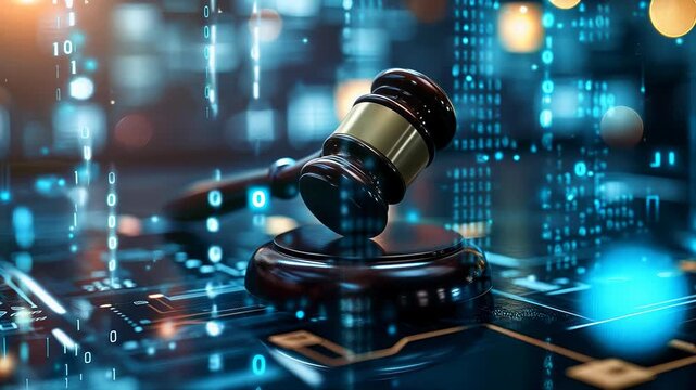 Gavel striking digital court, cyber law verdict, justice, tech tribunal, digital courtroom, legal decision, binary code background.