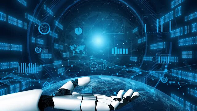 A futuristic robotic hand extends towards a vibrant digital interface filled with global data analytics, embodying the integration of technology and innovation in modern life. Xenic