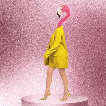 Abstract collage illustration of flamingo head on a woman's body wearing a yellow blazer and high heels on glitter. Grunge, noise and motion blur effect applied