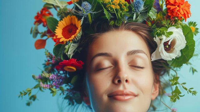 Woman adorned with flower crown, eyes closed in peaceful joy, headdress, nature inspired portrait, tranquil expression.