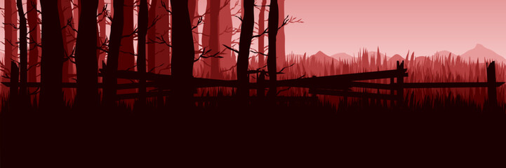 Fototapeta premium Red earth background with dead tree and wooden fence silhouette for autumn banner