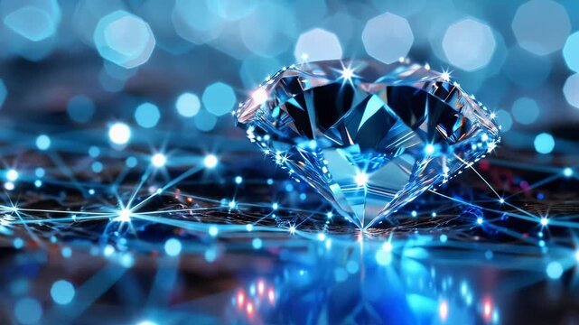 Faceted gemstone spinning on illuminated circuitry, digital crystal, tech jewel, data node, cyber gem, blockchain asset, futuristic treasure.