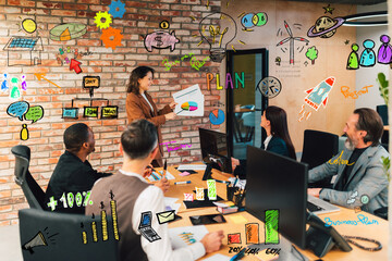 Team discusses project plans and data presentation in a modern office setting during a work meeting